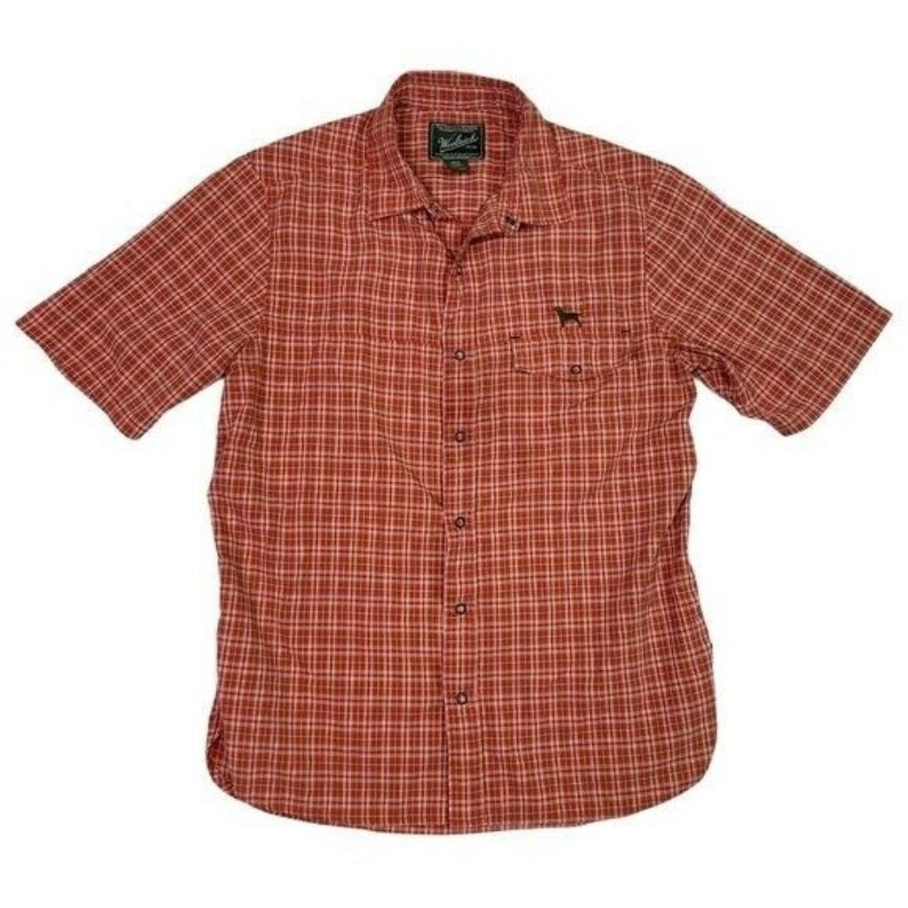 Woolrich Plaid Nylon Snap Button Short Sleeve Shirt Dog Logo Men's Medium